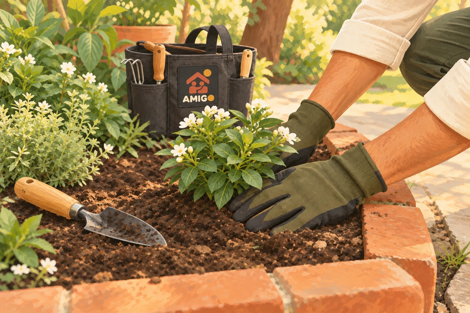 Ilustración AMIGO: Manos con guantes plantan en una jardinera junto a una bolsa de herramientas con el logo AMIGO.